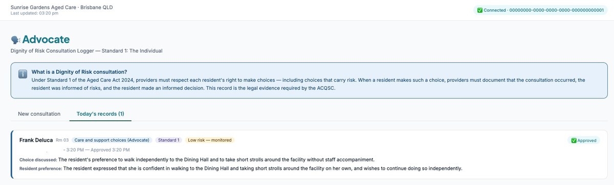 CareNote Advocate Dignity of Risk consultation logger