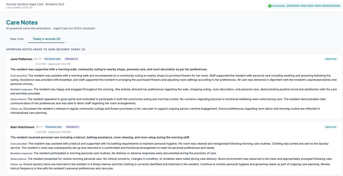 CareNote Care Notes screen showing AI voice-to-note documentation
