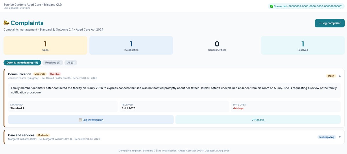 CareNote Complaints management register
